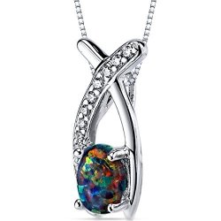 Created Black Opal Pendant Necklace Sterling Silver Oval Shape 0.75 Carats