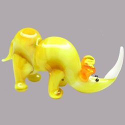 100% Handmade Lampglass Rhino Figurine Yellow And White In Colour
