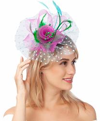 Flower Cocktail Tea Party Fascinators Feather Headwear Top Hats Wedding Headband For Women 009-ROSE&GREEN&LIGHT Blue