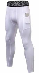 Lavento Men's Compression Pants Running Tights Leggings With Phone Pockets 1 PACK-3911 White Medium