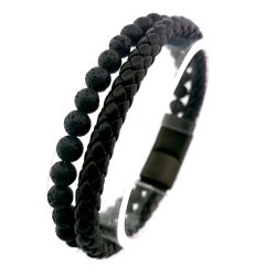 Men's "duality" Lava Rock & Braided Leather Bracelet - 21 Cm