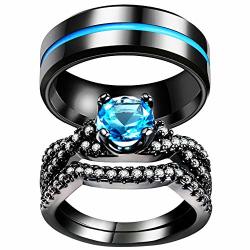 Lwjyx Couple Ring His And Hers Black Gold Plated Round Sea Blue Cubic Zironias Wedding Engagement Ring Sets For Women Size 7