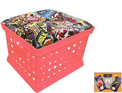 Pink Utility Crate Storage Container Ottoman Bench Stool For Office home school preschools With Your Choice Of Seat Cushion Theme Comic Books