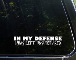 In My Defense I Was Left Unsupervised - 8-3 4" X 1-1 2"- Vinyl Die Cut Decal bumper Sticker For Windows Cars Trucks Laptops Etc.