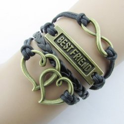 Jovana Retro Vintage Handmade Hot Vintage Bronze Infinity 8 Best Friend Heart Rope Leather Bracelet Black