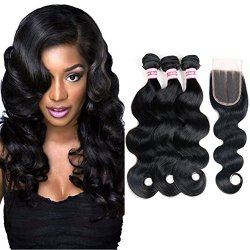 Fabeauty Body Wave Peruvian Human Hair 3 Bundles With Closure 100% 7a Unprocessed Virgin Peruvian Hair Body Wave With Closure Human Hair Extensions Bundles With 3 Part Closure 44 14 16 18+12