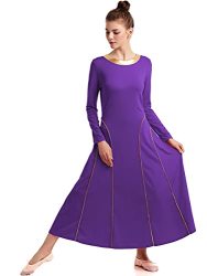 Hihcbf Women Celebration Of Spirit Long Sleeve Seamed Praise Worship Dance Robe Dress Liturgical Full Length Dancewear Purple XL