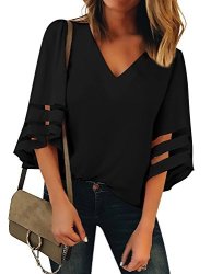 LookbookStore Women's Black V Neck Casual Mesh Panel Blouse 3 4 Bell Sleeve Solid Color Loose Top Shirt Size L Us 12-14