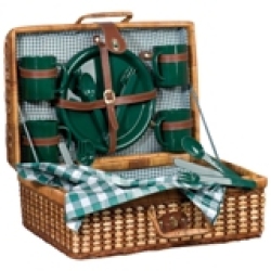Picnic Woven Basket - Set Of 4 In Green And White Check Trim
