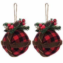 Happy Deals Set Of 2- Large Red & Black Buffalo Check Ball Ornaments -length: 5 1 2 Width: 4 1 2
