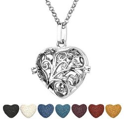 Top Plaza Aromatherapy Essential Oil Diffuser Necklace Antique Silver Heart Shape Locket Pendant With 7 Dyed Lava Rock Timbo