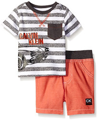 Calvin Klein Baby Boys' Printed Distress Stripes Interlock Top And Woven Shorts Size: 0-3 Months Color: Peach