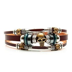 Sisfrog Skull Layers Vintage Leather Bracelet Metal Beads Leather Wristbands For Men & Women