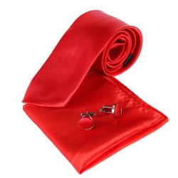 8cm New Fashion Gentleman Solid Wedding Business Hanky Cufflink Neck Tie Set - Red