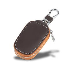 VSLIH Universal Vehicle Car Key case Genuine Leather Car Smart Key Chain Keychain Holder Metal Hook and Keyring Zipper Bag for Remote Key Fob 