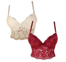 Women's Comfort Lace Bra Camisole Cami Crop Tank Tops Lingerie - Pack Of 2 White And Maroon