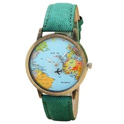 Fashion Women Quartz Watch Ftxj Elegant Global Travel By Plane Map Denim Fabric Band Wrist Watch Green