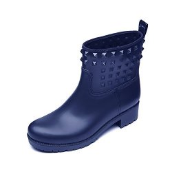 Dksuko Women's Rain Boots With Fashion Rivet Short Ankle Waterproof Rubber Boots 3 Colors 9 B M Us Blue
