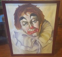 Big Signed E. Ricketts 24" X 30" Sad Clown Painting W Felt Frame Pcm