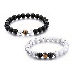 Looyar Couples Bracelet His And Hers Distance Bracelet Black Matte Agate & White Howlite 8MM Beads Bracelet 3