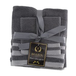 Plush 3 Piece Set - Bath Towel Hand Towel And Face Cloth - 100% Cotton - Dark Grey