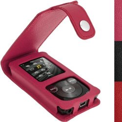 Igadgitz Pink Leather Case For Sony Walkman NWZ-E384 With Detachable Carabiner + Screen Protector