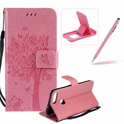 Herzzer Strap Leather Case For Huawei P Smart Bookstyle Magnetic Pink Solid Color Stand Flip Case For Huawei P Smart Premium Elegant Butterfly Tree