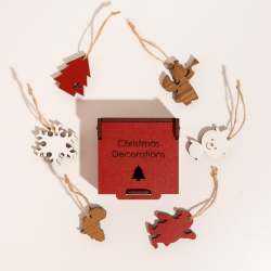 MINI Christmas Decorations In A Wooden Box Assorted Colours - Red