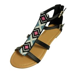TOP Gretchen Black Multi Colored Beaded Gladiator Bohemian Barefoot Sandal Round Toe Low Heel Hippie Tribal Indian Ethnic Comfortable Outdoor Flip-flop Slipper For Women