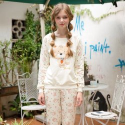 Cute Character Bear Cotton Long Sleeve Girls Pajama Sets - Khaki L