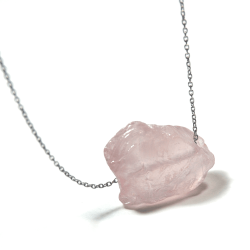 Atenea Handmade Floating Raw Rose Quartz Nugget Necklace On Stainless Steel Chain & Clasp
