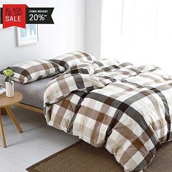 Mkxi Cotton Queen Size Bed Duvet Cover Geometric Pattern Coffee White Grid Plaid Bedding Sets