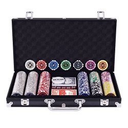 Costzon Set Of 300 Poker Chip With Aluminum Case 5 Dice Chips 2 Decks Of Playing Cards Dealer Button Black Case