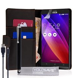 Yousave Accessories Asus Zenfone 2 5.5 Inch Version Case Black Pu Leather Wallet Cover With Stylus Pen And Micro USB Cable
