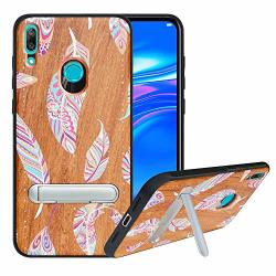 Hhdy Compatible With Huawei Y7 2019 Case Y7 Prime 2019 Case With Metal Kickstand Hard Natural Wood Back With Flexible Tpu Bumper Wooden Cover Feather