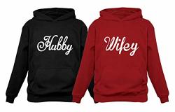 Hubby & Wifey Matching Couple Hoodie His & Hers Gift For Husband And Wife Hubbey Black Large wifey Red Large