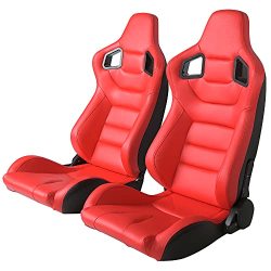 FREEMOTOR802 Universal Racing Seats Pair Black PU Blue Plaid Fabric Reclinable with 2 Dual Sliders Adjustable 