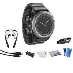 Fenix Garmin 3 Multisport Training Gps Fitness Watch With Hrm-run Heart Rate Monitor Sapphire With Stainless Steel Bracelet Bundle With USB Adapter + Wrap Around Bluetooth Earbuds