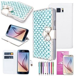 Epicgadget Tm Extreme Deluxe Bling Blue Diamante Bow Bowknot White Leather Case Cover For Samsung Galaxy S6 + HD Clear Galaxy S 6 Vi Screen