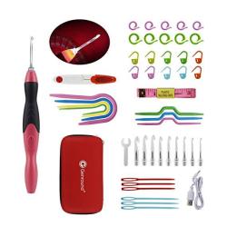 Lighted Crochet Hooks Genround 46PC Rechargeable Lighted LED Crochet Hooks Set Incl Interchangeable LED Lite Hooks + Plastic Knitting Needles + Crochet Stitch Markers + Cable Stitch Holders
