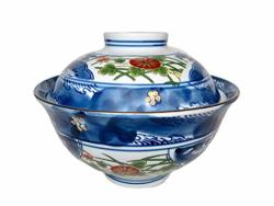Japanese 6.25"D Porcelain Aisai Ume Blossom Donburi Ramen Noodle Bowl w/ Lid 