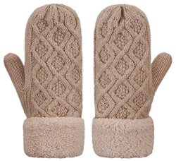 Il Caldo Womens Knitted Mittens Winter Twist Thick Plush Edge Warm Outdoor Gloves Khaki