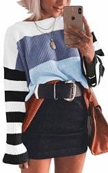 Ecowish Women Knit Sweaters Color Block Striped Pullover Long Sleeve Scoop Neck Sweater Top Blue Small