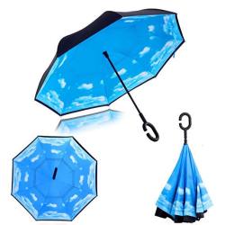 Double Layer Wind Proof Uv Proof Reverse Folding Inverted Umbrella Travel Umbrella With C Shape Handle And Carrying Bag