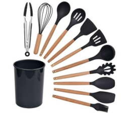 Wooden Handle Silicone Kitchen Utensil Tools 12 Set - Black