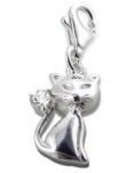 C339-C2807 - 925 Sterling Silver Cat With Stone Dangle Charm