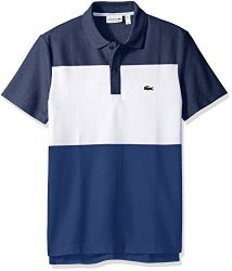 Lacoste Men's Short Sleeve Color Block Textured Pique Polo Midnight Blue Chine white waterfall Blue 9