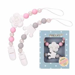 Pacifier Clip Tyry.hu Silicone Teething Beads Binky Teether Holder For Girls Baby Shower Gift 2 Pack Pink+grey