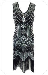 Wild Rose Silver & Black Sexy Sequins Fringed 1920'S Flapper Party Evening Dress - S m l xl