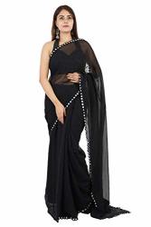 Corocn Indian Women Georgette Plain Saree Wedding Traditional Bridal Ethnic Wear Lace Saree With Blouse Piece Black Georgette